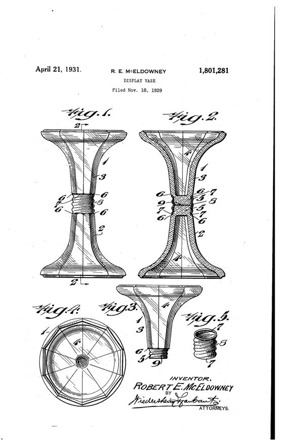 New Martinsville Display Vase/Shelf Support Patent 1801281-1