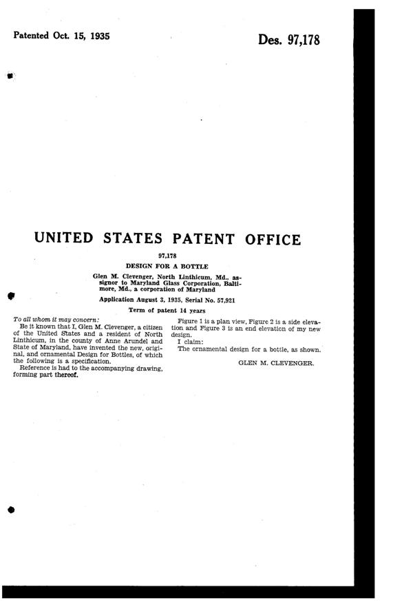 Maryland Glass Corporation Bottle Design Patent D 97178-2