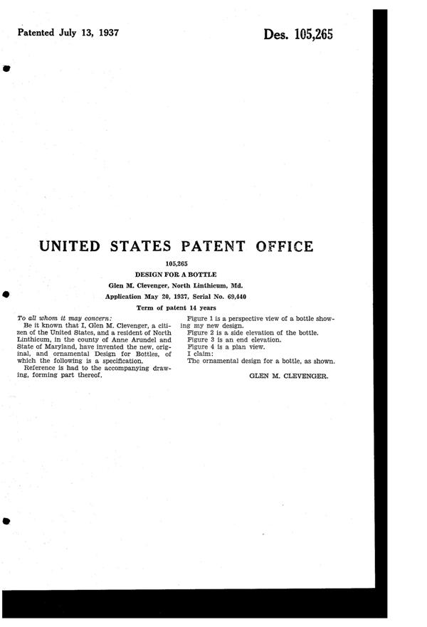 Maryland Glass Corporation Bottle Design Patent D105265-2