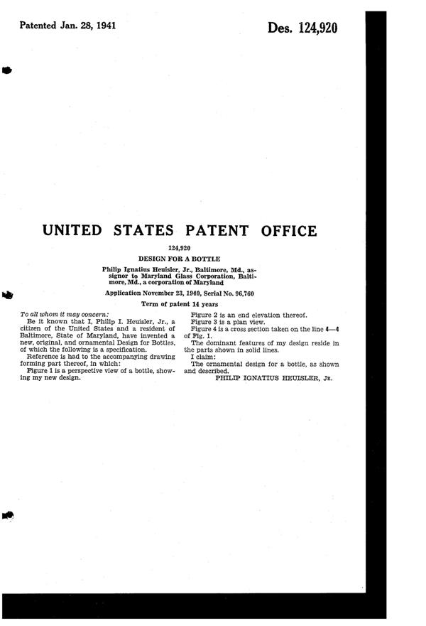 Maryland Glass Corporation Bottle Design Patent D124920-2