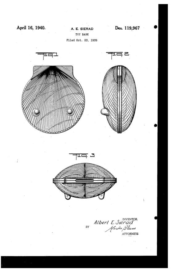 George W. Button Shell Toy Bank Design Patent D119967-1