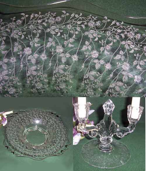 Unknown Floral Etch on Central Bowl and Heisey Candleholder
