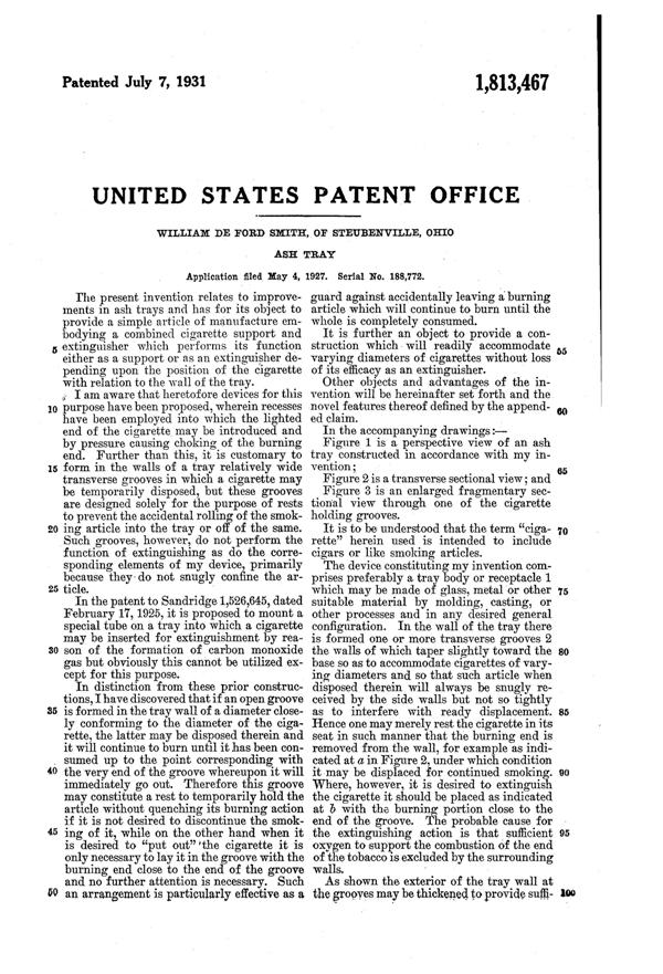 Smith Ash Tray Patent 1813467-2