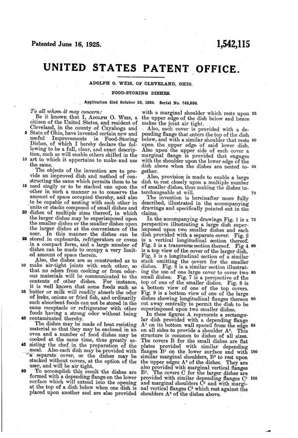 Weis Refrigerator Dish Patent 1542115-3