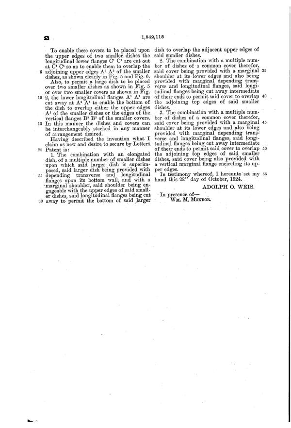 Weis Refrigerator Dish Patent 1542115-4
