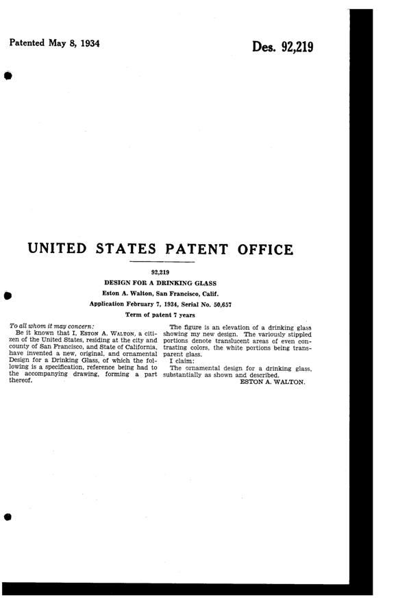Walton Decorated Tumbler Design Patent D 92219-2