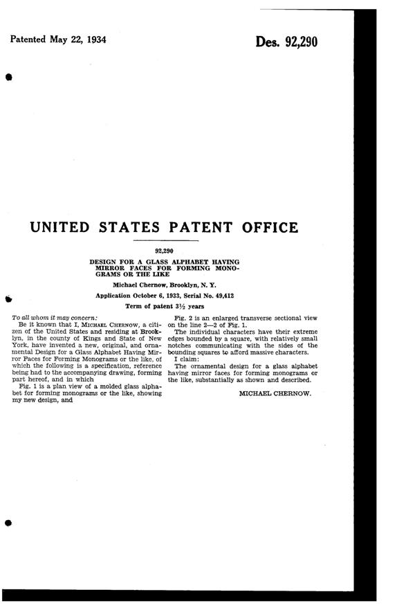 Chernow Glass Alphabet Design Patent D 92290-2