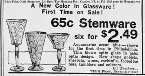 Morgantown Advertisement for Blue Palm Optic Stemware