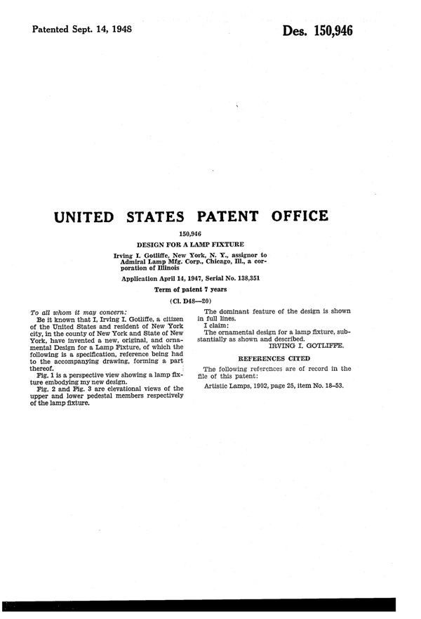 Admiral Lamp Mfg. Floor Lamp Design Patent D150946-2