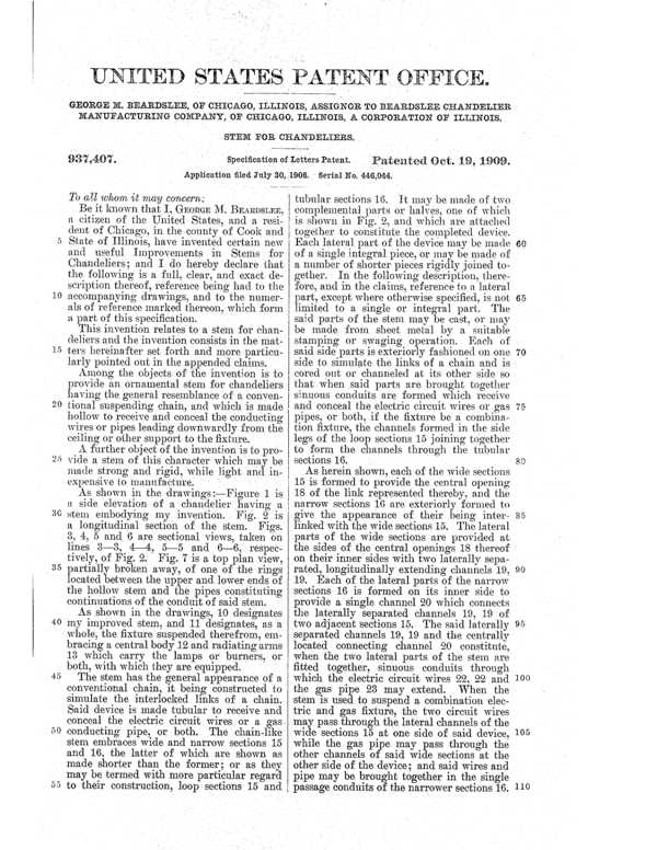 Beardslee Chandelier Chandelier Stem Patent  937407-3