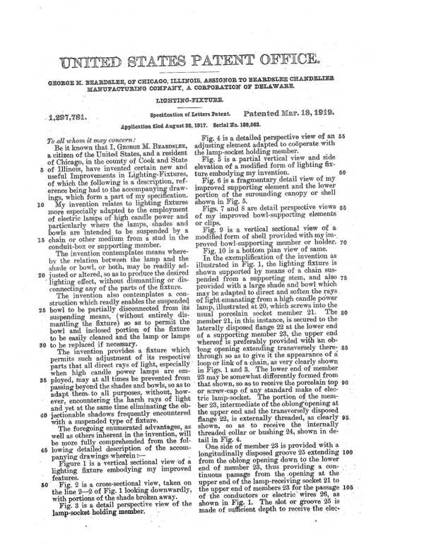 Beardslee Chandelier Light Fixture Patent 1297781-3