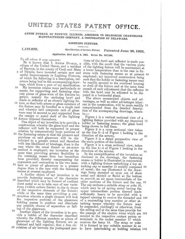 Beardslee Chandelier Light Fixture Patent 1419920-3