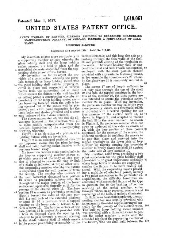 Beardslee Chandelier Light Fixture Patent 1619061-2