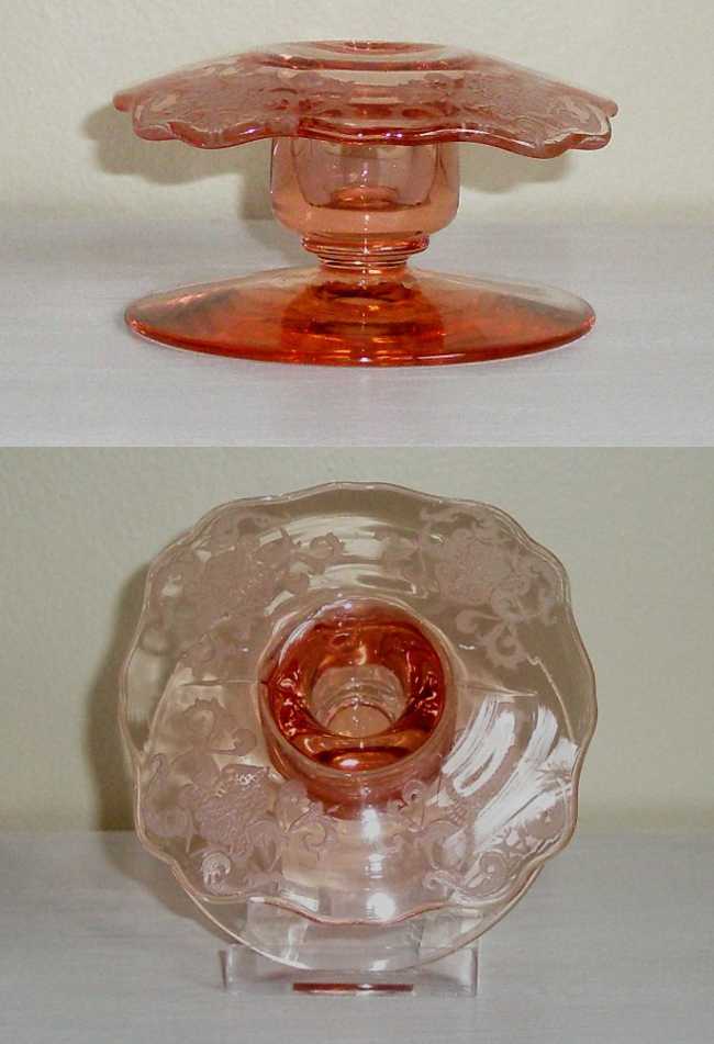 New Martinsville #  35 Fancy Squares Candleholder w/  "Floral & Scroll" Etch