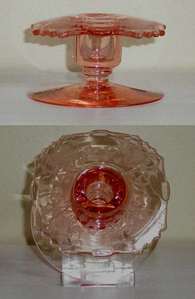 New Martinsville #  36 Oscar Candleholder w/ "Floral & Scroll" Etch