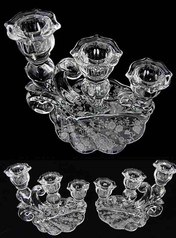 Cambridge #1338 Candlesticks w/ Rose Point Etch