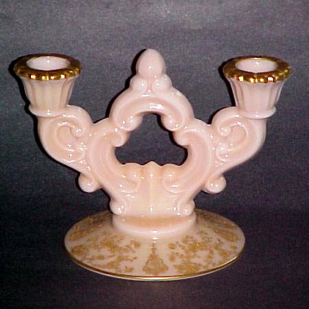 Cambridge # 647 Crown Tuscan "Keyhole" Candlestick w/ Gold Encrusted Rose Point Etch