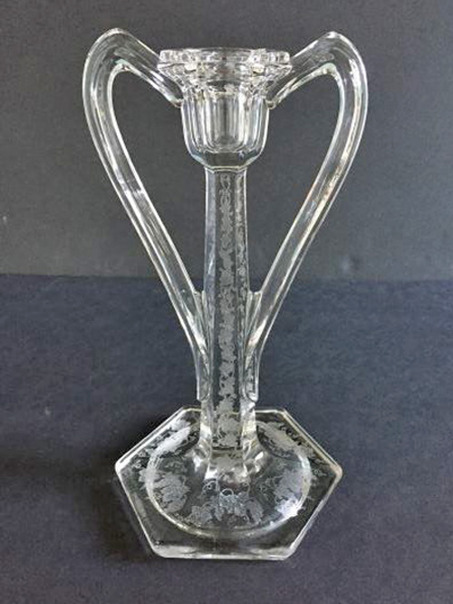Fostoria #1962 Two-Handled Candlestick w/ Grape Etch