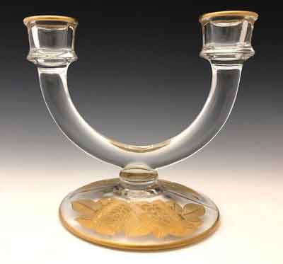 Paden City "Betsy" Two-Light Candlestick with Lotus #793 Golden Corsage Decoration