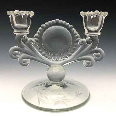 Paden City # 555 Vermillion Two-Light Candlestick with Cutting