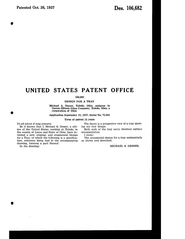 Owens-Illinois Tray for Nursery Set Design Patent D106682-2