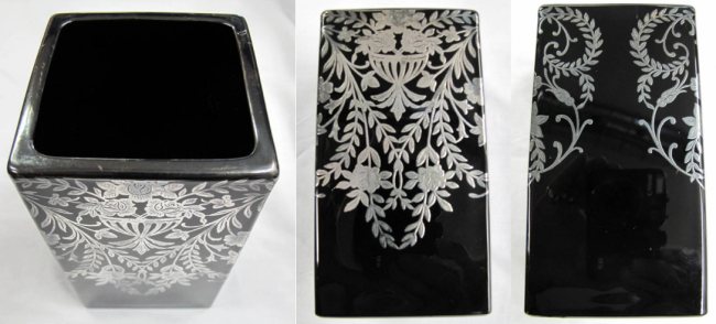 New Martinsville # 134 Square Vase w/ Unknown Silver Overlay