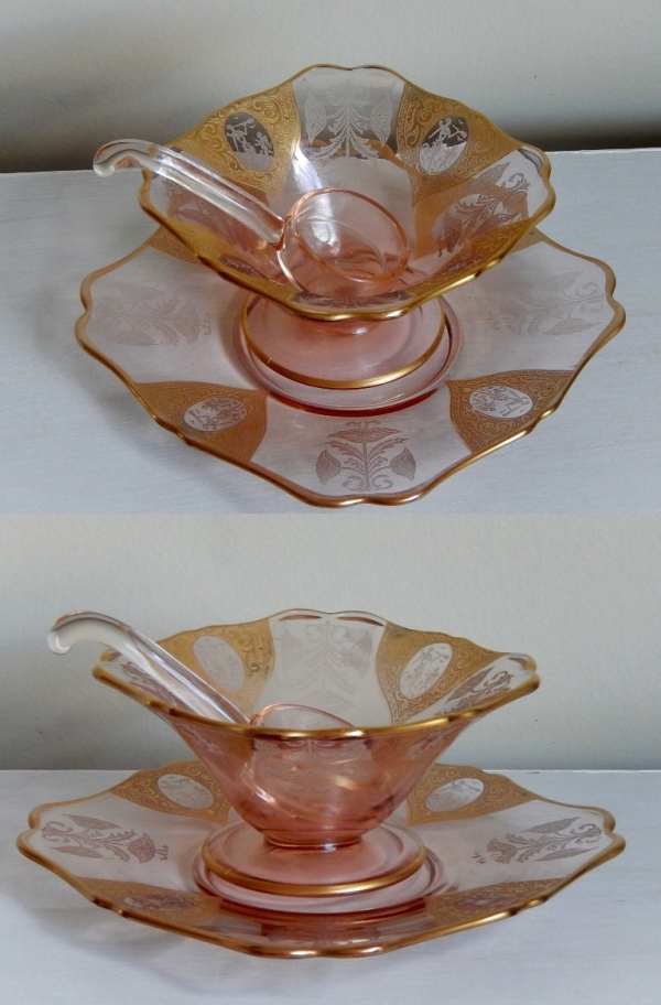 New Martinsville #  35 Fancy Squares Mayonnaise and Liner w/ Lotus Etches