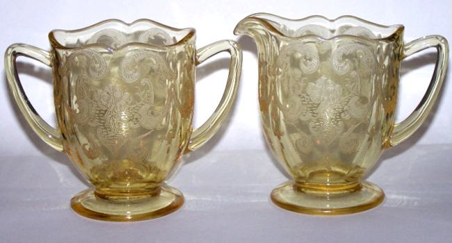 New Martinsville #  35 Fancy Squares Creamer & Sugar w/ "Floral & Scroll" Etch