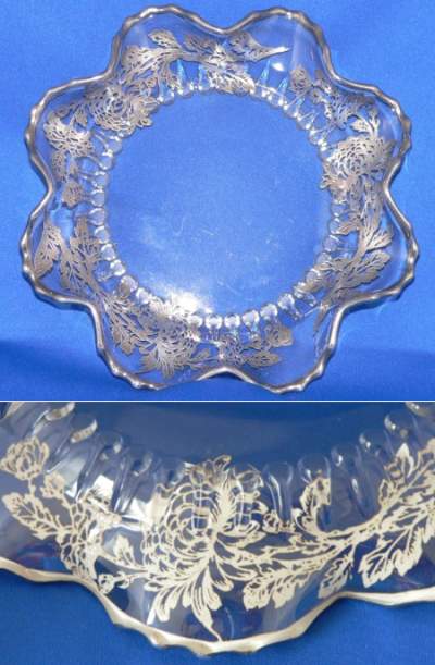 New Martinsville #  42 Radiance Dish w/ Garden Silver Overlay