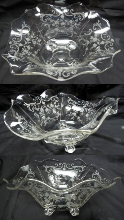 Cambridge #3400/ 160 Oblong Fancy Edge Bowl w/ Chantilly Etch