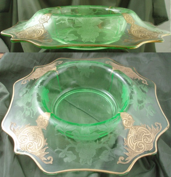 Cambridge #3400/ 2  Rolled Edge Console Bowl w/ #744 Apple Blossom Etch