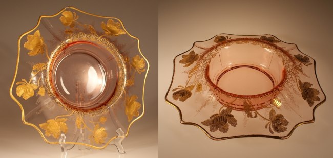 Cambridge #3400/   5 Console Bowl w/ #746 Gloria Gold-Encrusted Etch