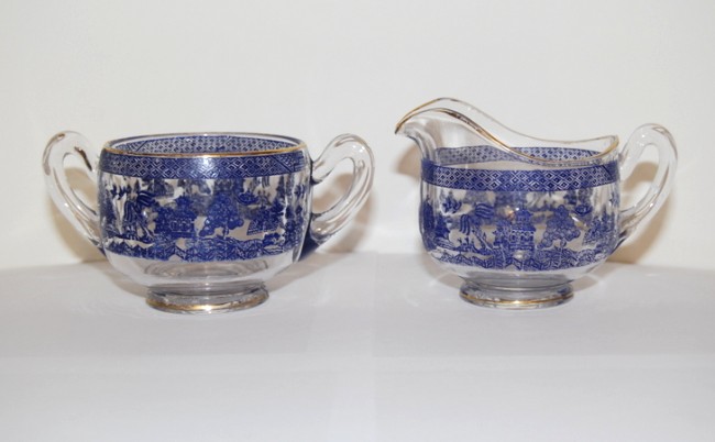 Cambridge # 138 Cream & Sugar w/ #715 Blue Willow Etch