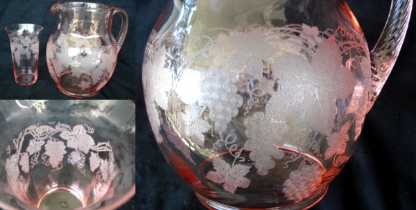 Cambridge # 107 Pitcher & #1630 Tumbler Water Set w/ Martha Grape Etch