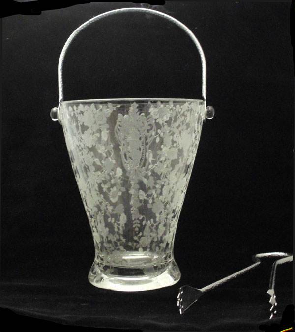 Cambridge # 672 Pristine Ice Pail w/ Rose Point  Etch, Chrome Handle & Tongs