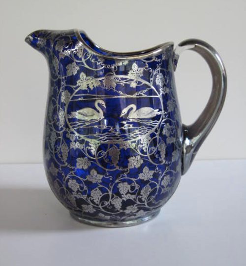 Cambridge #3400/ 100 Ice-Lip Jug w/ Swan Silver Overlay