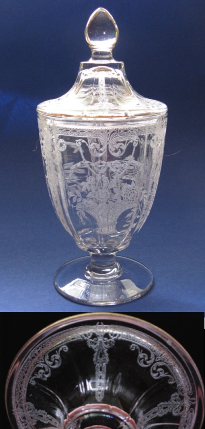 Cambridge #  95/96 Covered Candy Jar w/ Dresden Etch