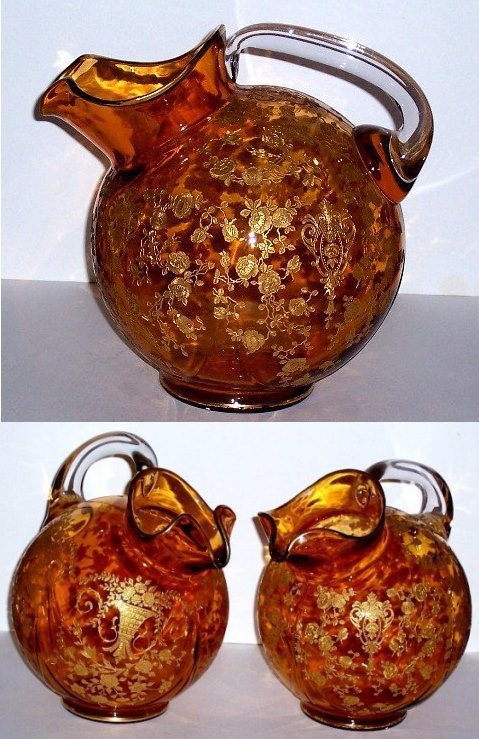 Cambridge #3400/ 38 Amber Ball Jug w/ Rose Point Etch