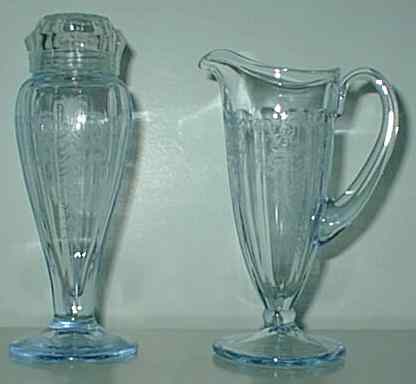 Cambridge # 813/# 816 Sugar Shaker & Ewer w/ Cleo Etch