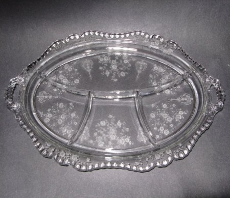 Cambridge #3500/ 97 Gadroon Relish w/ Rose Point Etch