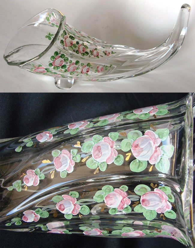 Duncan & Miller # 121 Cornucopia Vase w/ Charleton Roses Decoration