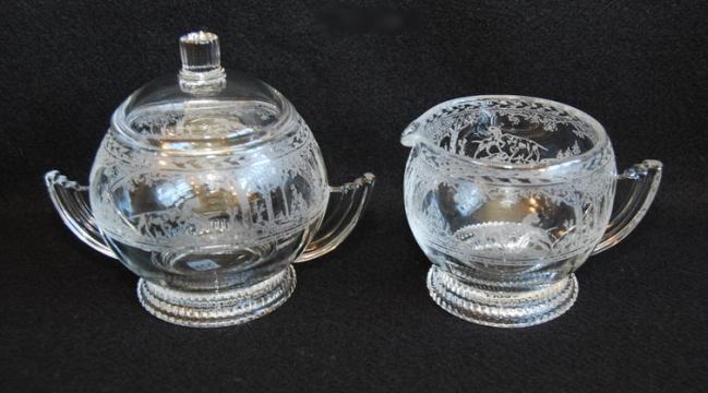 Duncan & Miller # 111 Terrace Cream & Sugar w/ Wheeling Fox & Hounds Etch