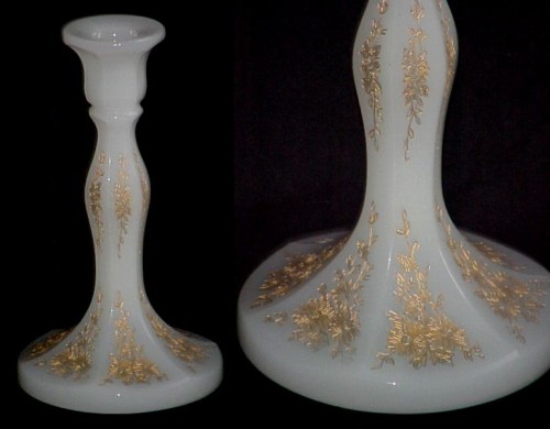 Duncan & Miller #  66 Milk Glass Candlestick w/ Lotus Etch #1007