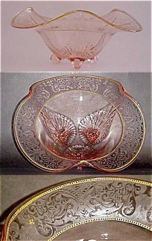 Duncan & Miller #  34 Three Leaf Bowl w/ Lotus #0889GB Etch