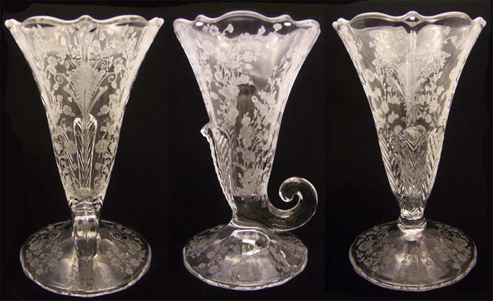 Duncan & Miller # 117 Three Feather Cornucopia Vase with First Love Etch