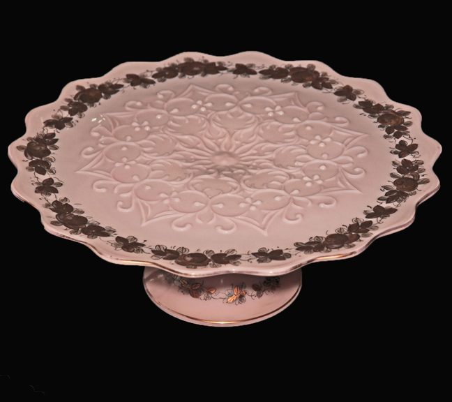Fenton #3513 Rose Pastel Spanish Lace Footed Cake Plate w/ Charleton Gold Roses Decoration