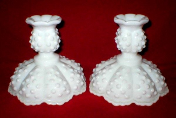 Fenton #3775 Milk Glass Hobnail Candleholders