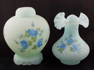 Fenton Roses on Blue Satin Ginger Jar