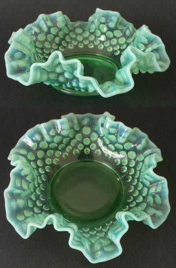Fenton # 389 Green Opalescent Hobnail Crimped Bon Bon