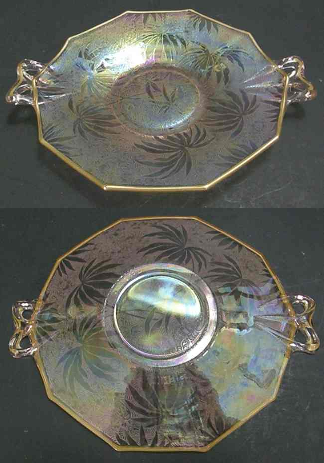 Fostoria #2375 Fairfax Handled Lemon Plate w/ # 73 Palm Leaf Brocade Decoration